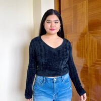 Full Sleeves Faux Fur V-Neck Top