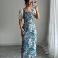 Printed Bodycon Dress with Puff Sleeves