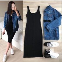 Black Bodycon Dress And Denim Jacket Combo