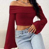 Off-shoulder Foldover Ribbed Knit Flare Sleeves Top