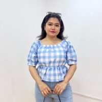 Checked Puff Sleeves Flare Top