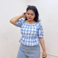 Checked Puff Sleeves Flare Top
