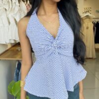 Checked Halter Neck Backless Top