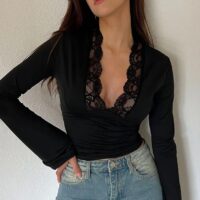 Deep Neck Lace Top with Bell Sleeves