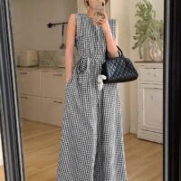 Checked Jumpsuit with Tie Around Belt