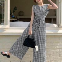 Checked Jumpsuit with Tie Around Belt