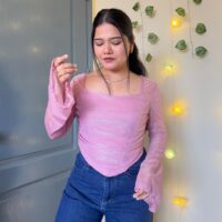 Flared Sleeve Shimmer Net Top