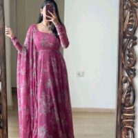 Rose Print Pink Gown and Dupatta