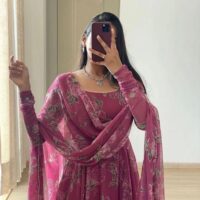 Rose Print Pink Gown and Dupatta