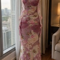Pink Printed Ruched Mesh Dress
