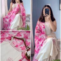 White Floral Pure Cotton Tie-Up Kurta Set With Printed Dupatta