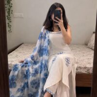White Floral Pure Cotton Tie-Up Kurta Set With Printed Dupatta