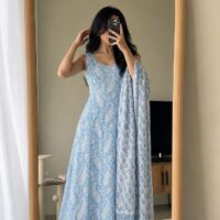 Light Blue Printed Sleeveless Kurta Set