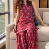 Red Printed Farshi Suit