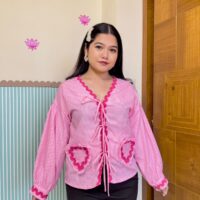 Puff Sleeves Checkered Heart Pocket Top
