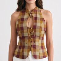 Sleeveless Checkered Front Button Up Top