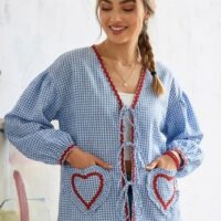 Puff Sleeves Checkered Heart Pocket Top