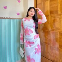 Floral Print White Mesh Dress