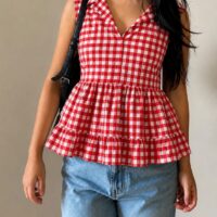 Red Sleeveless Checkered Fancy Top
