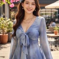 Blue Front Tie Ruffle Top