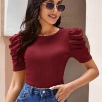 Puff Sleeves Red Slim Fit Top